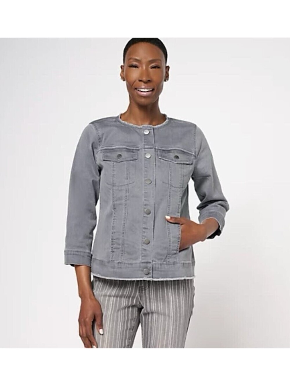 LOGO by Lori Goldstein Gray Twill Jacket Size 8 Frayed Hem Stretch Boho